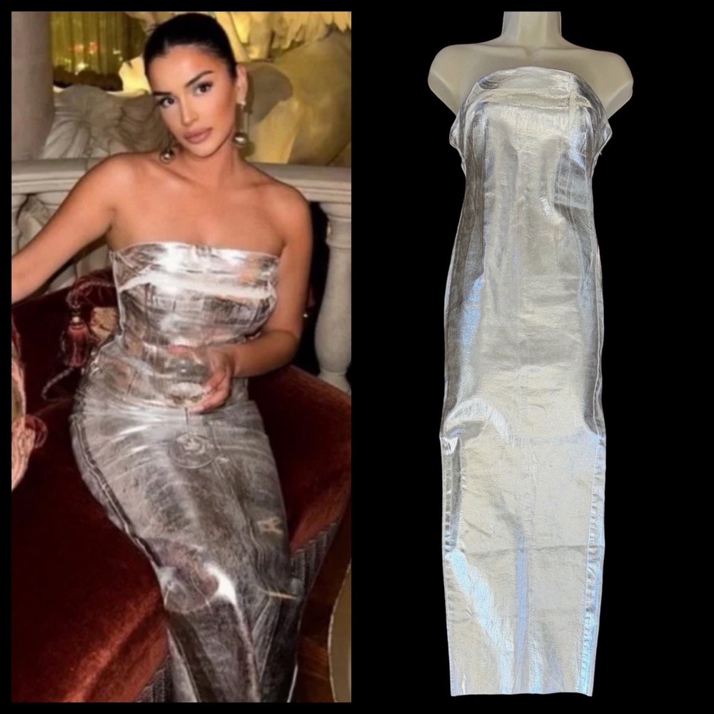 Zara Metallic Silver Denim Strapless Maxi Dress S • Fitted Chromecore Disco Glam